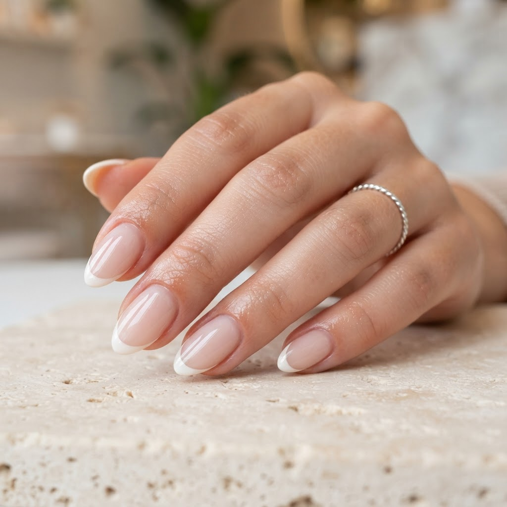 Elegant rosa manikyr med tunn vit fransk kant