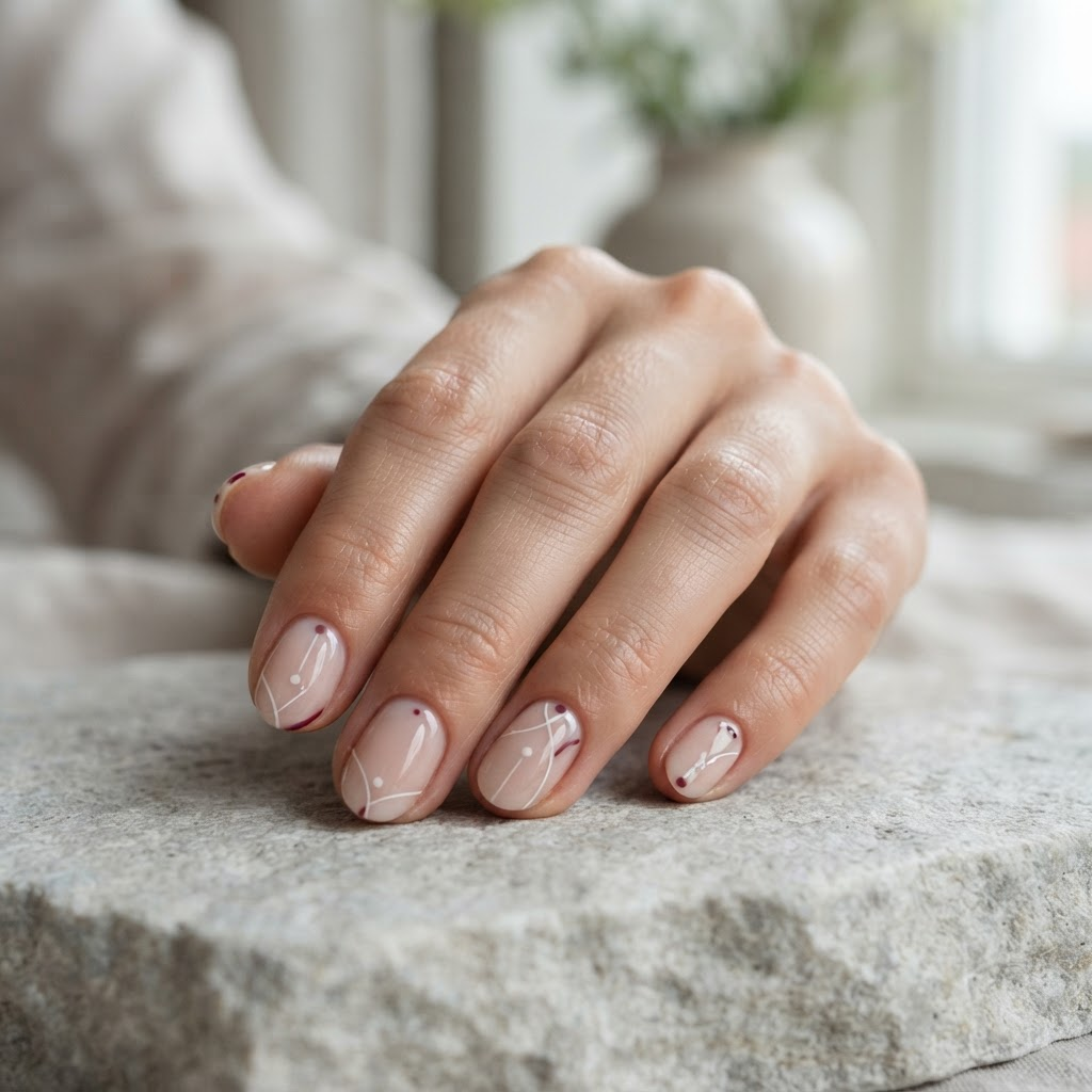 Translucent manikyr med minimalistiska linjer och diskreta vinröda detaljer