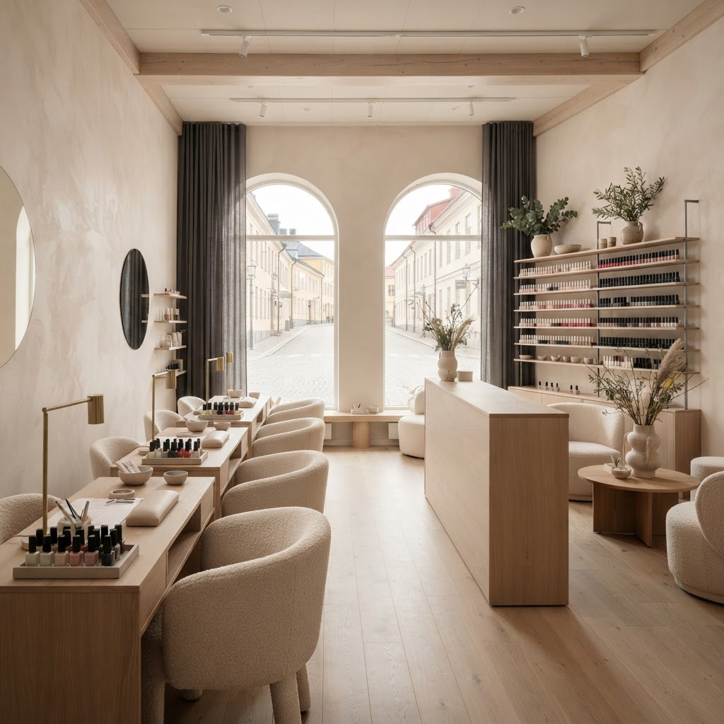 Borås Nailrooms lugna salongsinteriör med ljusa trädetaljer