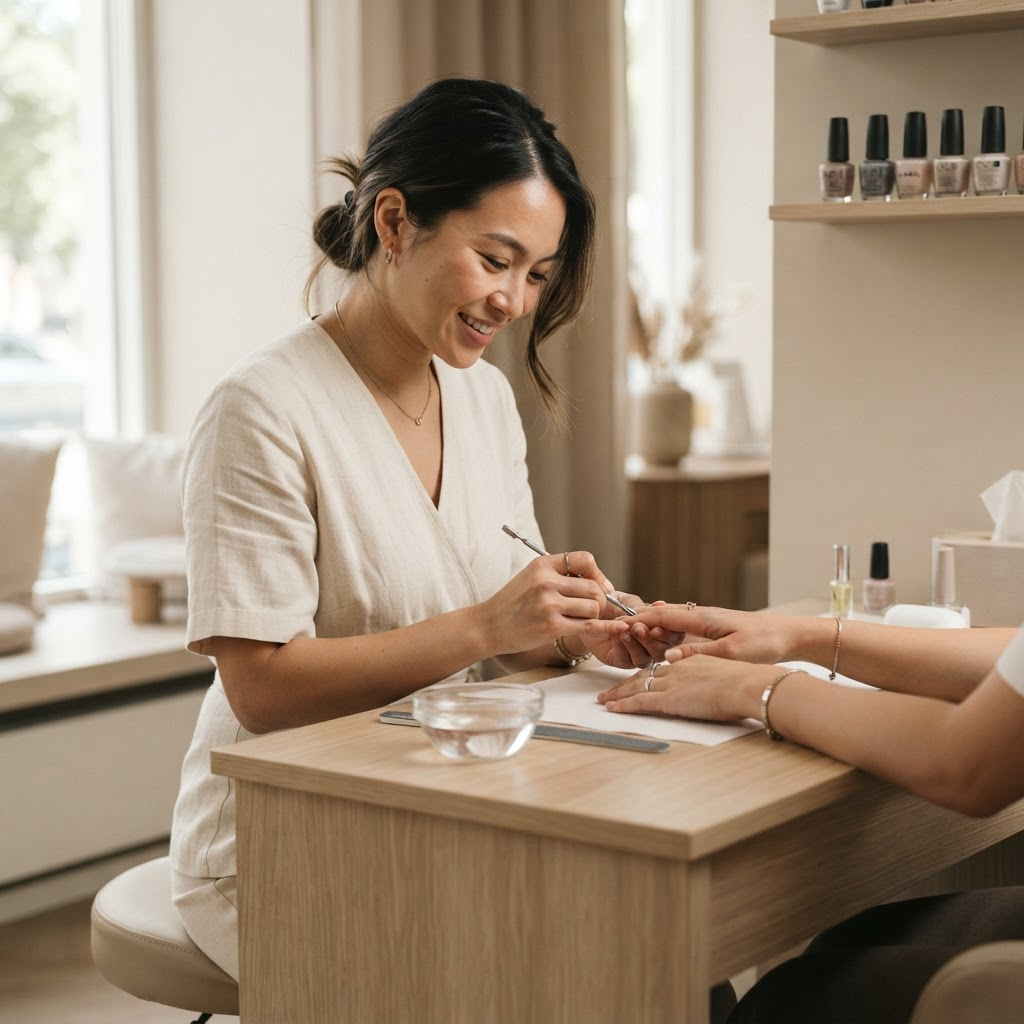 Elin utför en professionell manikyr i Borås Nailrooms ljusa salong